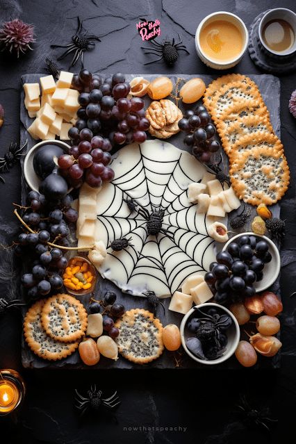 Halloween Party Catering Ideas, Halloween Food Serving Ideas, Halloween Cheese Charcuterie Board, Friday 13 Food Ideas, Halloween Vegan Charcuterie Board, Classy Halloween Food Ideas, Bakery Charcuterie Board, Best Food For Parties, Halloween High Tea Party