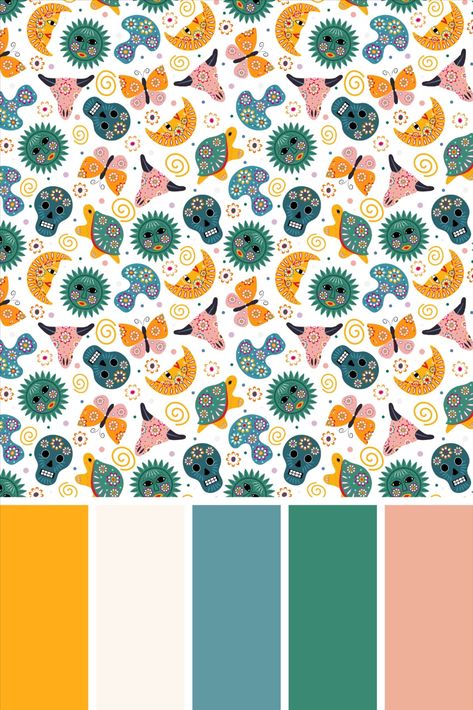 Mexican folk motif pattern, seamless pattern, latin ornament, sugar skull, butterfly, moon, mushroom, bull, turtle, background, wallpaper Sugar Skull Butterfly, Turtle Background, Moon Mushroom, Folk Motif, Skull Color, Butterfly Moon, Skull Butterfly, Motif Pattern, Design Seeds