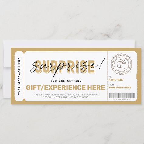 Birthday Surprise Gift Ticket Certificate Template Gift Tickets, Ticket Party Invitations, Fake Gifts, Day Of Birth, Party Tickets, Party Invite Design, Nature Card, Ticket Template, Birthday Card Template