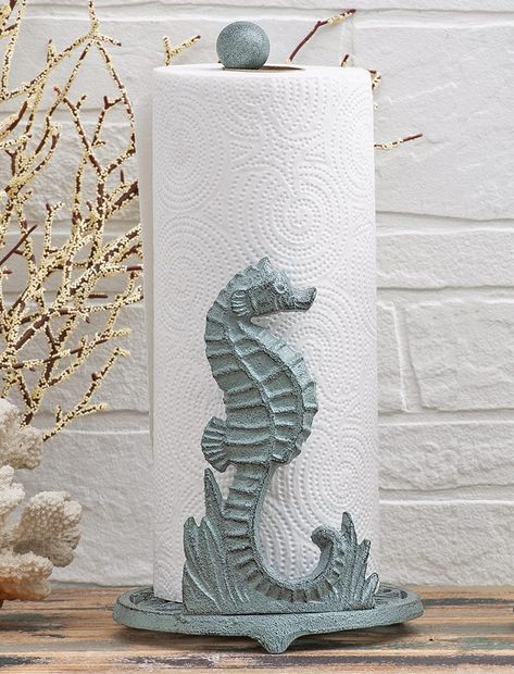 PRICES MAY VARY. 60 Day No Hassle Returns A Bella Coastal Decor Exclusive - Cast iron paper towel holder featuring a seahorse accent and a patina finish. 6 7/10"Dia. x 13"H. Metal Paper Towel Holder, Coastal Farmhouse Decor, Kitchen Farmhouse Decor, Black Forest Decor, Coastal Beach Decor, Baby Beach, Beach Theme Decor, Beachy Decor, Beach Ideas