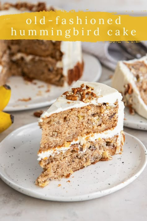 Topped with a luscious cream cheese frosting, old-fashioned hummingbird cake is made with bananas, pineapple, pecans and cinnamon. Hummingbird Cake Recipe, Hummingbird Cake Recipes, Cream Cheese Frosting Cake, Bird Cake, Lemon Curd Filling, Hummingbird Cake, Make Cream Cheese, Cinnamon Banana, Humming Bird