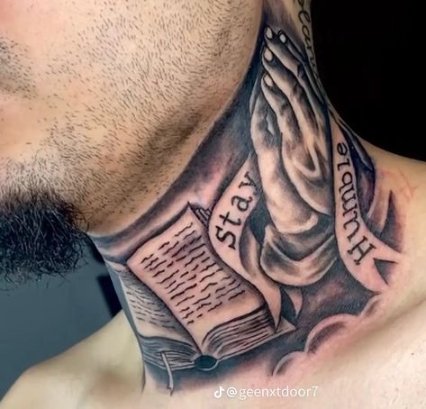 Godly Neck Tattoos, Middle Of Neck Tattoo Men, Heavenly Neck Tat, Bible Neck Tattoo, Male Neck Tattoo Ideas, Neck Tattoo Men Black, Cloud Neck Tattoo, Christian Neck Tattoos For Men, Big Neck Tattoo