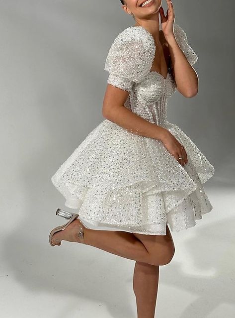 Wedding Dresses Puff Sleeves, Short White Dress Wedding, Knee Length Wedding Dress, Mini Wedding Dresses, Wedding Dress Sequin, Sequin Wedding, Dress Wedding Guest, Wedding Dresses Corset, Evening Dresses Short