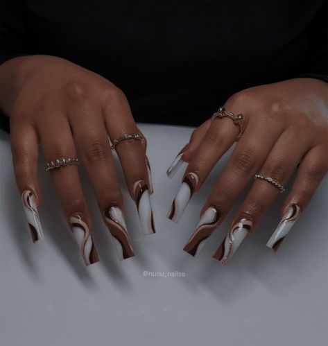 Hand Drawn Design Acrylic Nails, Simple Fall Nails Long, Earth Tone French Tip Nails, Dark Skinned Nails, Tan And Black Nails Design, Light Brown And White Nails, Tan Acrylics, Fall Overlay Nails, Fall Nail Designs Black Women