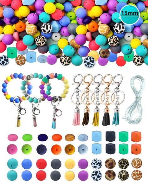 PRICES MAY VARY. 【Designed For Keychains】Assorted silicone bulk beads and keychain tassel accessories kits are designed for keychain making,can make five complete keychain bracelets.Silicone bead for keychain making kit has 20 colors and various shapes of beads to choose from the sets, so that you can diy keychain kit freely as your imagine. 【15mm Large Beads】The set comes with selected 15mm big silicone beads, much larger than 12mm or 8mm beads on the market, making the keychain bracelet even m Rings Colorful, Diy Keyring, Rubber Bead, Keychain Making, Jewelry Making Kit, Jewelry Kits, Diy Craft Kits, Bead Kits, Diy Keychain