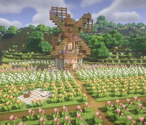 Minecraft Spring House, Fairy Decor Minecraft, Minecraft Fairy Farm Ideas, Minecraft Flower Field Seed, Farm Inspo Minecraft, Minecraft Flower Field Aesthetic, Builds For Minecraft World, Pams Harvestcraft Minecraft, Minecraft Aesthetic Farm Ideas