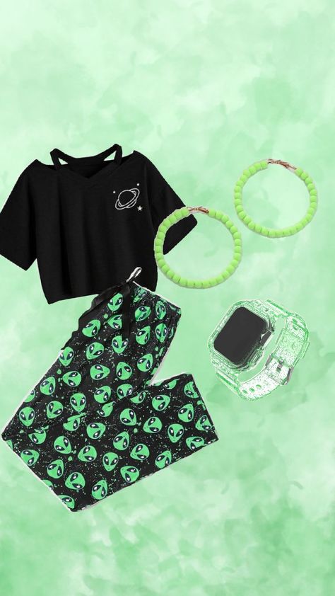 green alien 👽 cute but stylish outfit I think my BFF would ware 🥰 #green #alien Alien Themed Outfit, Aliencore Outfit, Alien Aesthetic Outfit, Alien Outfit, Alien Cute, Aesthetics Outfits, Aesthetic Collection, Alien Aesthetic, Green Alien