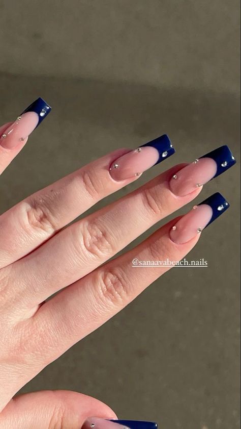 Navy Nails For Prom, Navy Blue Nail Designs Coffin, Nail Art Designs Navy Blue, Navy Blue Nails With Rhinestones, Dark Blue Nail Inspo With Design, Navy Blue Formal Nails, Navy Blue Nails For Prom, Dark Blue Nail Designs Ideas, Navy Blue Nails Coffin