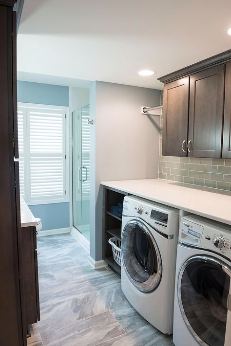 Bath Laundry Combo, Bathroom And Laundry Room Combo, Bathroom Laundry Room Combo, Laundry Bathroom Combo, Bathroom With Laundry, Laundry Room Flooring, Basement Laundry, Laundry Room Layouts, Bathroom Laundry Room