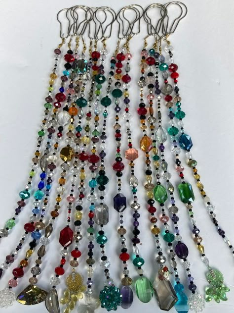 Glass Beaded Curtain, Beaded Curtains Window Sun Catcher, Crystal Curtains Diy, Beaded Window Hanging Diy, Glass Bead Curtain Diy, How To Make Beaded Curtains, Beaded Window Curtain, Window Beads Curtains, Bead Hanging Decor