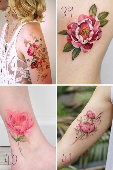 43 Pretty Peony Tattoo Ideas - tattooglee Peony Memorial Tattoo, Tattoo Flowers Ideas, Hummingbird Peony Tattoo, Pretty Foot Tattoos For Women, Pink Peony Tattoo, Vintage Floral Tattoos, Tattoo Peony, Angels Tattoo, Hairstylist Tattoos