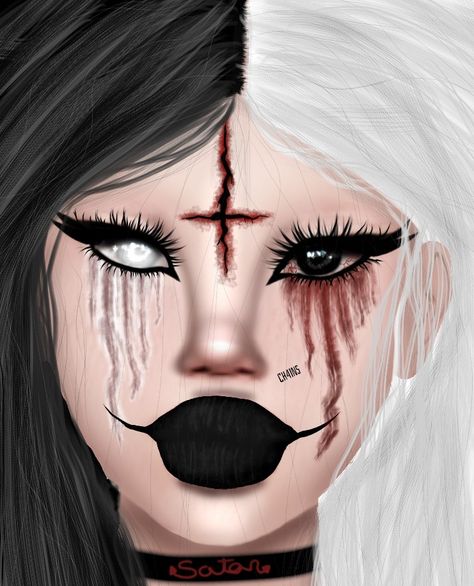 Satanic Makeup Halloween, Satanic Makeup, Sfx Ideas, Halloween Ideias, Satanic Cross, Scar Makeup, Ghost Makeup, Creepy Halloween Costumes, Makeup Artistic