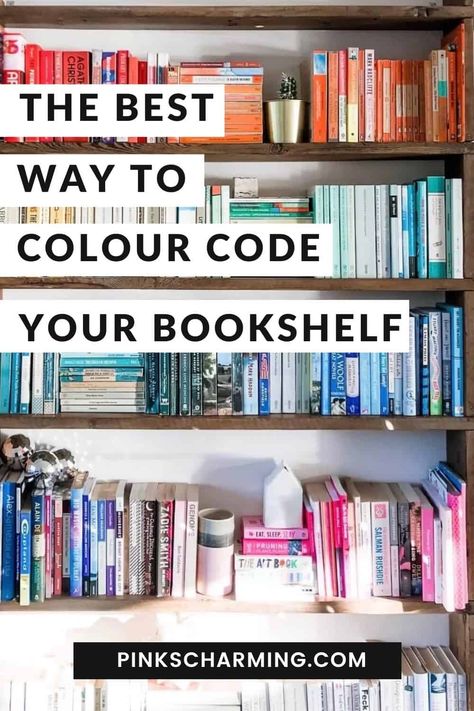 Books Color Organized, Bookshelves Color Coded, Different Ways To Organize Your Bookshelf, Living Room Bookshelf Decor Ideas, Color Coordinated Books, Color Coded Library, Organizing Books By Color, Bookshelf By Color, How To Sort Bookshelf