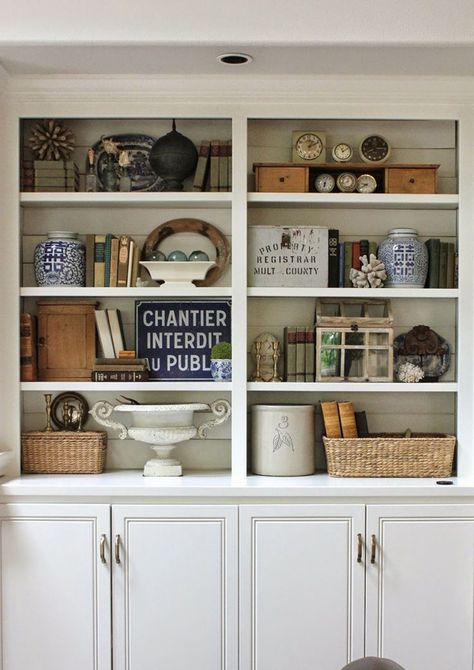 5 Tips On Styling A Bookcase by A Blissful Nest Vintage Bookcase Styling, French Country Bookshelves, Stylish Bookshelves, Country Bookshelf, Bookcase Decorating Ideas, Bookcase Dresser, Styling A Bookcase, Styling Bookshelves, Lots Of Books