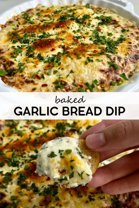 This cheesy baked garlic bread dip is loaded with roasted garlic and creamy cheeses- all the delicious flavors of garlic bread baked into a crowd-pleasing dip! Any recipe that begins with roasting garlic and shallots is guaranteed to be a hit and I love having simple recipes like this in my back pocket for when I need something quick and easy for an appetizer or snack! Bread Dip Board, Bread Dip Appetizers, Garlic Bread Appetizer Appetizers, Dips With Bread Appetizers, Baked Garlic Dip, Homemade Dips For Bread, Baked Garlic Bread Dip, Garlic Bread Dipping Sauce, Roasted Garlic Bread Dip