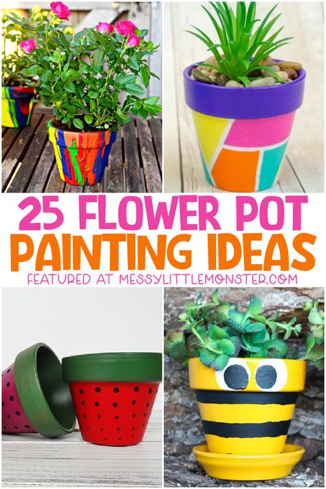 Preschool Flower Pot Crafts, Kids Flower Pot Painting, Kid Painted Flower Pot, Easy Clay Pot Painting Ideas, Decorating Terracotta Pots Ideas, Handmade Flower Pot Diy Crafts, Kids Painted Flower Pots, Garden Pot Painting Ideas, Painted Mother’s Day Flower Pot