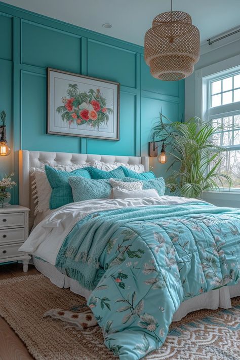 24 Turquoise Bedroom Ideas That Our Editors Love Aqua Turquoise Aesthetic, Turquoise And Gold Bedroom Ideas, Light Teal Bedroom Color Schemes, Cyan Room Ideas, Cyan Room, Turquoise Bedroom Ideas For Adults, Turquoise And Gold Bedroom, Turquoise Bedrooms, Light Teal Bedroom