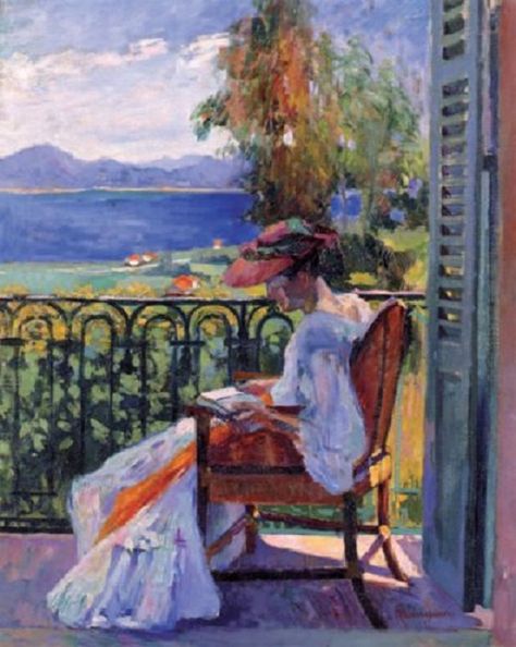 Henri Manguin (French, 1874-1949): Jeanne sur le balcon de la villa Demière, 1905 (Oil on canvas) Henri Manguin, Art Fauvisme, Matisse Paintings, Cut Out Art, Flower Artists, Reading Art, Fauvism, Jackson Pollock, Impressionist Art