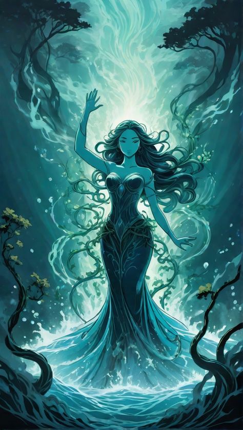 Water Shield Magic, Elemental Goddess Art, Water Armor Female, Mermaid Green Aesthetic, Water Queen Art, Water Spirit Aesthetic, Water Mage Female, Water Woman Art, Water Elemental Character Design