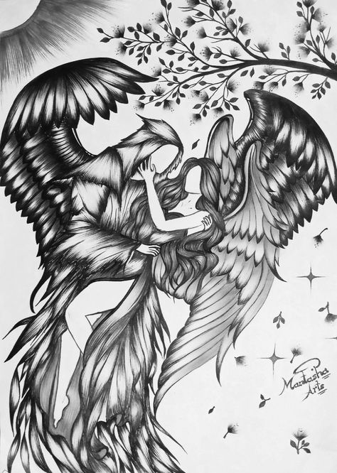 Love Angel Drawing, Angel And Demon Drawing, Angel And Demon Love Art, Angel And Devil Art, Demon And Angel Tattoo, Female Devil Tattoo, Angel And Devil Drawing, Angels Drawing Beautiful, Angel And Devil Tattoo Design