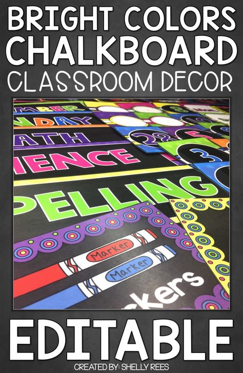 This chalkboard brights decor classroom is a fun way to bring a classic, yet bright color scheme into your elementary classroom. Click through to see all the amazing elements - many of which are EDITABLE! Great for the Kindergarten, 1st, 2nd, 3rd, 4th, 5th, or 6th grade classroom. {Bright Colors Theme, Ideas, Inspiration, Teacher Desks, White Boards, FUN, Kids, Children, Learning, Schools, Black, Tips, Spaces, Pictures, Poster, Simple, first, second, third, fourth, fifth, sixth graders} Chalkboard Brights Classroom Theme, Black White And Bright Classroom, Chalkboard Brights Classroom, Blackboard Classroom, Teacher Desks, Brights Classroom Decor, 6th Grade Classroom, Bright Classroom, Chalkboard Classroom