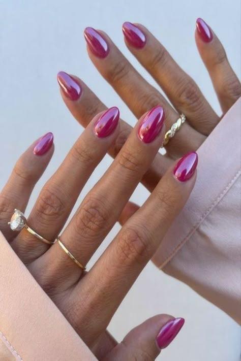 Magenta Chrome Nails, Rose Chrome Nails, Fake Acrylic Nails, Pink Chrome Nails, Nail Shimmer, Her Nails, Nagel Inspo, Pink Nail, Stick On Nails