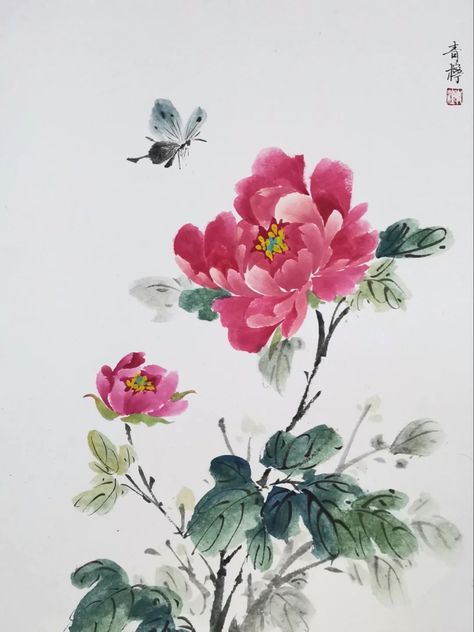 Peony Flower Chinese Painting, Chinese Peony Painting, Chinese Painting Flowers, Peony Drawing, Chinese Watercolor, Peony Art, Chinese Art Painting, Peony Painting, Flower Room