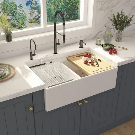 Superior Quality: The 33 farmhouse double bowl sink is made in white clay Reversible and Workstation Design: This 33 white workstation farm sink has two kinds of front design, one side is smooth and flat, and the other side has a decorative fluted design. Large space: This apron front farm Kitchen sink with double bowl that is 10"(overall deep) provides you with more space for placing more dishes, pots and pans on it High glossy glaze: With smooth and non-porous glazed surface of the white farmh Farm Sink Kitchen, Farm Kitchen Ideas, Kitchen Sink Dimensions, Double Farmhouse Sink, Porcelain Kitchen Sink, White Farmhouse Sink, Double Kitchen Sink, Fireclay Farmhouse Sink, White Kitchen Sink