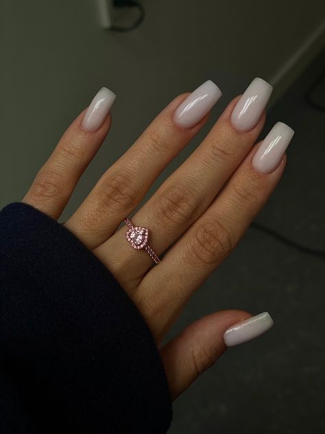 White Pinkish Nails, Plain Milky White Nails, Nails On Big Hands, Office Friendly Nails, Milky Nails Coffin, Milky Sparkle Nails, Square Nails Milky White, Square Milky Nails, Milky Square Nails