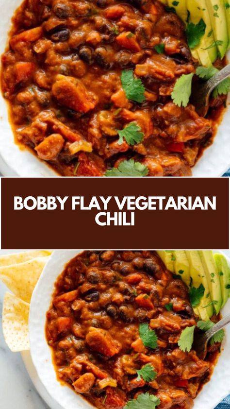 Bobby Flay’s Vegetarian Chili is made with extra-virgin olive oil, red onion, red bell pepper, carrots, celery, garlic, chili powder, ground cumin, smoked paprika, dried oregano, diced tomatoes, black beans, pinto beans, vegetable broth, bay leaf, and fresh cilantro. This hearty vegetarian chili recipe creates a delicious dinner that takes about 45 minutes to prepare and can serve up to 6 people. Chili Beans Recipe Vegetarian, Bobby Flay Soup Recipes, Vegetarian Recipes Chili, Easy Meatless Chili Recipe, Chili Vegetarian Recipe, Crockpot Vegetarian Chili Recipe, Veggie Packed Chili, Easy Vegan Chili Recipe, Red Bean Recipes Easy