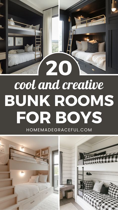 bunk rooms for boy Diy Bunk Bed Rooms, Cool Twin Beds For Boys, Boys Room Bunk Beds Small Bedrooms, Wood Bunk Beds For Boys Room, Twin Bunk Bed For Boys, Boy Bunk Bed Room, Low Profile Bunk Beds, Toddler Boy Room Full Size Bed, Building Bunk Beds Diy