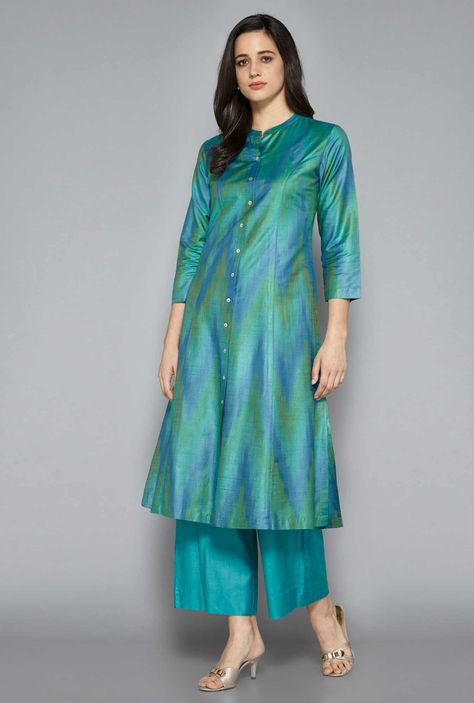 Shop Zuba by Westside Sea Green Kurta from Shoprapy ! Kurti Palazzo Designs Latest, Silk Saree Kurti Designs Latest, Long Kurti With Pants, A Shape Kurti Designs, Straight Pants With Kurti, Pant Models, Straight Kurti Designs, Kurti Long, Palazzo Kurti