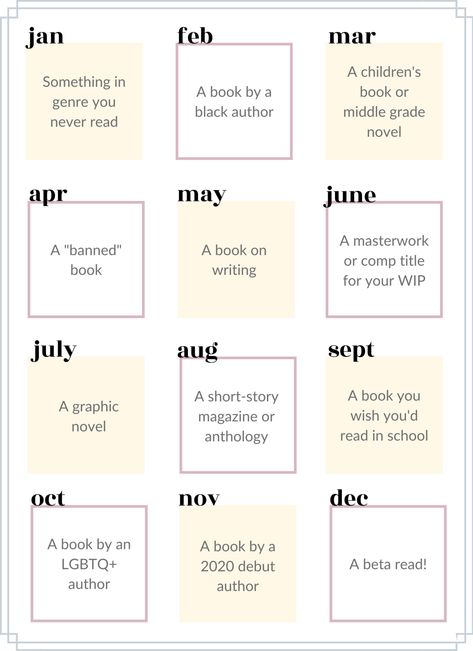 _2020 Book Challenge Calendar (2) One Book A Month Challenge, Book Challenge Template, Journal Bingo, Writer Studio, Bookstagram Content, Book Checklist, Book Bingo, Challenge Calendar, Book Calendar