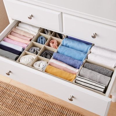 28� x 14� Linen Drawer Organization Solution, The Container Store ($60) Dresser Top Organization Ideas, Dresser Top Organization, Clothes Drawer Organization, Fold Clothes, Dresser Drawer Organization, Organizar Closet, Folded Clothes, Closet Organizer With Drawers, Clothes Drawer