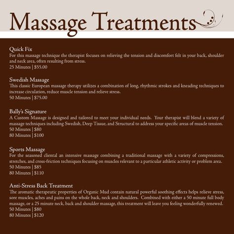 Massage Menu Spa Treatments, Massage Therapy Price List, Massage Menu Ideas, Desain Salon, Parlor Ideas, Massage Therapy Career, Massage Prices, Therapy Rooms, Spa Stuff