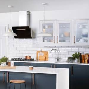 Wall Tiles | Ceramic, Porcelain & Vinyl | Homebase Shower Cupboard, Modern Kitchen Wall Tiles, Blue Kitchen Interior, Bevelled Tiles, Metro White, Diner Ideas, White Worktop, Kitchen Cooker, Open Plan Kitchen Dining Living