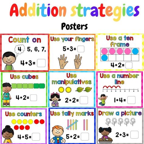 Addition strategies posters and flashcards

Help your child learn addition with these colorful posters and flashcards. The posters feature step-by-step instructions for different addition strategies, while the flashcards provide practice with different types of addition problems. These resources are perfect for helping your child develop strong addition Posters For Kindergarten, Math Strategies Posters, Math Folders, Math Word Wall, Kindergarten Posters, Addition Strategies, Math Wall, Math Posters, Math Word Walls