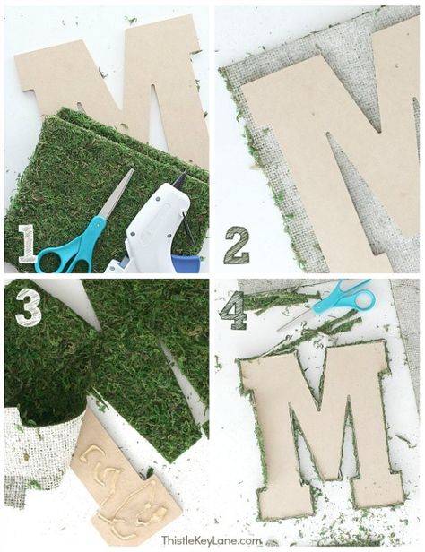 DIY moss covered letters are quick and simple to make with only a short list of supplies needed. Moss covered letters are perfect for parties and seasonal decor. #mossletters #howtomakemossletters #sesonaldecor #partydecor #holidaydecor #springdecor #mosscoveredletters Moss Letters Diy, Greenery Letters, Grass Letters, Floral Letters Diy, Flower Letters Diy, Moss Covered Letters, Hotel Renovation, Styrofoam Letters, Letter Door Hangers