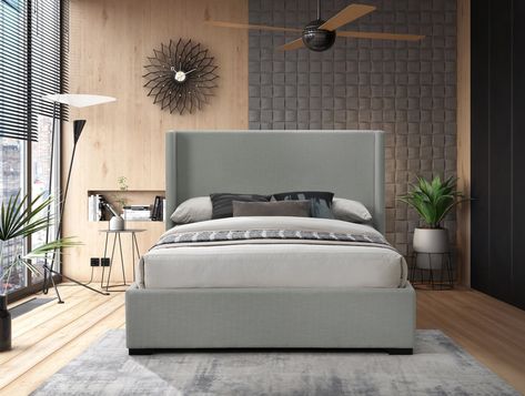 Bedroom Sanctuary, Modern Headboard, Bed Platform, Textured Bedding, Grey Linen Bedding, Beige Bed, Sanctuary Bedroom, Solid Wood Platform Bed, Material Bed