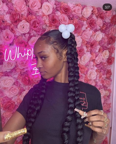 Double Braid Hairstyles For Black Women, Hairstyles For Black Women 2 Braids, Two Pigtails Hairstyles Braids, 2 Pony Braids, Braided Pigtail Hairstyles Black Women, Jumbo Braids Ponytail, Two Jumbo Braid Ponytail, Feed In Pigtail Braids, Pig Tail Braids Black Women