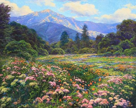 Spring Painting Landscape, Impressionism Mountains, Spring Landscape Paintings, Flower Landscape Painting, Spring Landscape Photography, Spring Oil Painting, Nature Oil Painting, Piskel Art, 동화 삽화