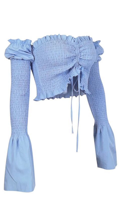 Out For Me Smocked Long Sleeve Flare Cuff Ruched Sweetheart Neckline C – Indie XO Smocked Crop Top, Sweetheart Neckline Tops, Blue Outfit School, Crop Top Long Sleeve Outfit, Cute Clothes Outfits, Flare Tops Blouses, Cute Aesthetic Tops, Blue And White Tops