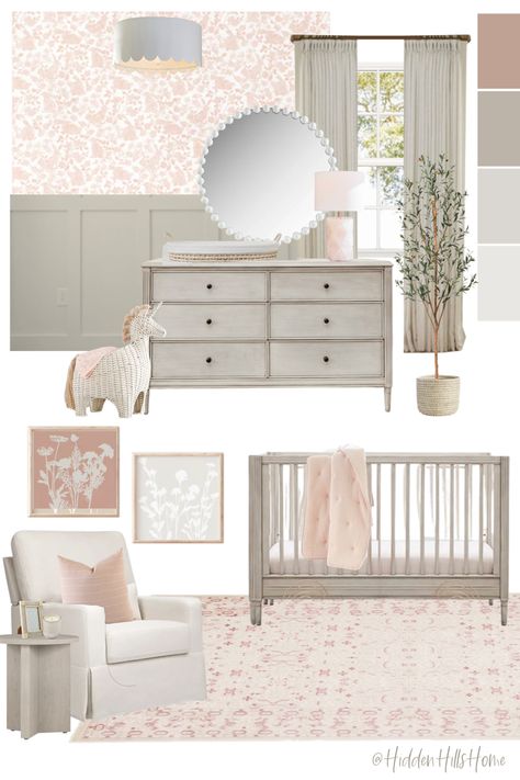 Cute baby girls nursery decor mood board with gray and pink tones! Nursery decor ideas for baby girl Sophisticated Girl Nursery, Gray Nursery Girl, Decor Mood Board, Pink Baby Room, Vintage Girl Nursery, Baby Girls Room, Girly Nursery, Girl Nursery Pink