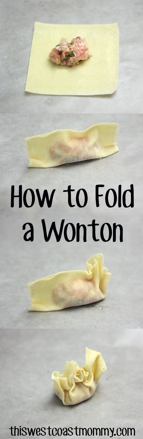 How to fold a wonton. Place a teaspoon of filling in the centre of the wrapper then fold it in half and seal the edges with a bit of water. Gently pleat and gather the free edges together and press to seal. Folding Wonton Wrappers, Wonton Wrapper Ravioli Recipes, How To Fold Square Wonton Wrappers, Square Wonton Wrapper Folding, How To Fold A Wonton, How To Fold Wonton Wrappers, How To Wrap Wontons, How To Fold Wontons, Wonton Recipe