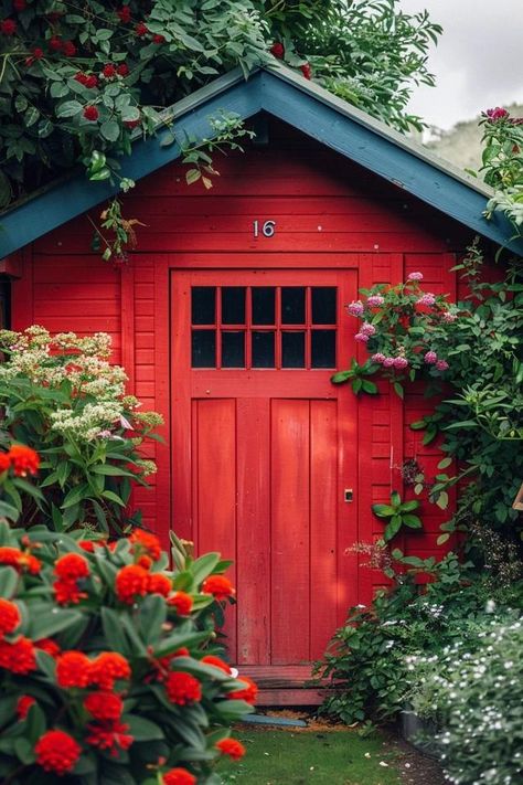 Inspiring Shed Paint Ideas to Enhance Your Yard Painted Shed Interior, Red Shed Ideas, Painted Shed Ideas, Garden Shed Paint Ideas, Shed Bar Ideas Backyards, Outdoor Shed Makeover, Whimsical Shed, Painted Sheds Ideas Colour, Shed Colours Ideas