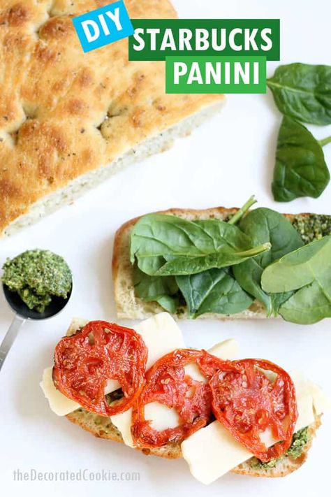 Make a homemade Starbucks panini with roasted tomatoes, pesto, spinach, and mozzarella cheese. A delicious lunch idea. Starbucks sandwiches. Starbucks Panini, Tomato Mozzarella Panini, Starbucks Sandwiches, Mozzarella Panini, Spinach Sandwich, Panini Recipe, Homemade Starbucks, Tomato And Mozzarella, Mozzarella Sandwich