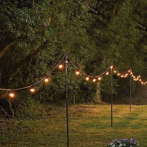 Diy Festoon Light Poles, Backyard Festoon Lights, Marquee Decoration Birthday, Festoon Lights Garden, Garden Festival Party Ideas, Festoon Pole, Garden Party Décoration, Wedding Marquee Ideas, Festival Decorations Outdoor