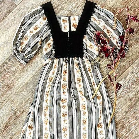 Annie on Instagram: "🌙Coming soon! Incredible 1970s Jody T Edwardian revival style dress with black velvet lace up bodice 🥀 Such a gorgeous dress! Tag requests welcomed🌙 #1970svintage #1970sdress #victorianrevival #gunnesax" 1970s Dresses, Velvet Lace, Golden Hour, Style Dress, Gorgeous Dresses, Black Velvet, Bodice, 1970s, Fashion Dresses