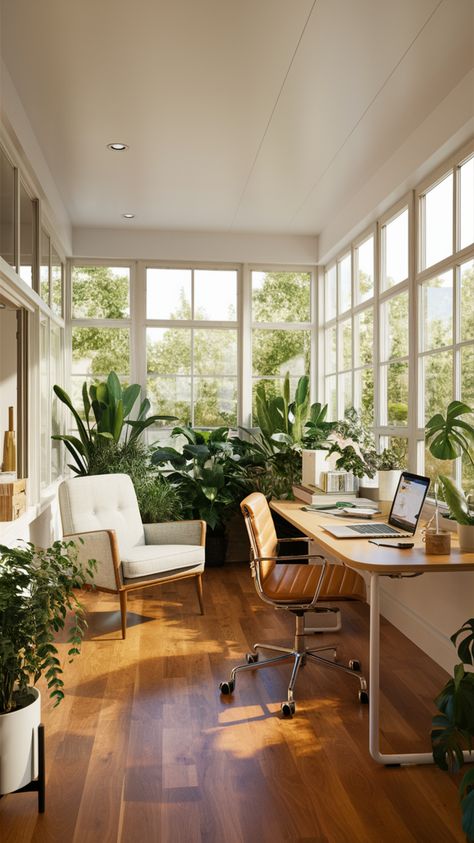 Transform your sunroom into a cozy home office with stylish decor and abundant natural light. Use comfy furniture and clever storage solutions for a functional and inviting workspace. #sunroom #cozyhomeoffice #officeinspo #homeofficedecor #naturalight #officeorganization #officecolors #homedécor #homeofficeideas #decoration Sunroom Desk Ideas, Modern Cozy Home Office, Studying In Nature Aesthetic, Sunroom With Office Space, California Casual Home Office, Cozy Office Interior Design, Atrium Office Design, Sunroom Office Ideas Layout, Conservatory Home Office