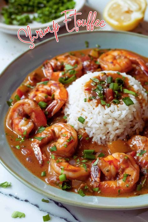 This Shrimp Étouffée recipe brings you the bold flavors of Louisiana for an easy weeknight meal. Tender shrimp swim in a rich, spicy sauce that will have everyone coming back for more. Black Southern Food, Shrimp Etouffee With Cream Of Mushroom, Joanna Gaines Shrimp Boil Recipe, Shrimp Eutofee Recipe, Quick Dishes Easy Dinners, Louisiana Ettouffe Recipe, Cajun Shrimp Etouffee, Shrimp Sauce Piquant Recipe, Shrimp Effoute Recipe